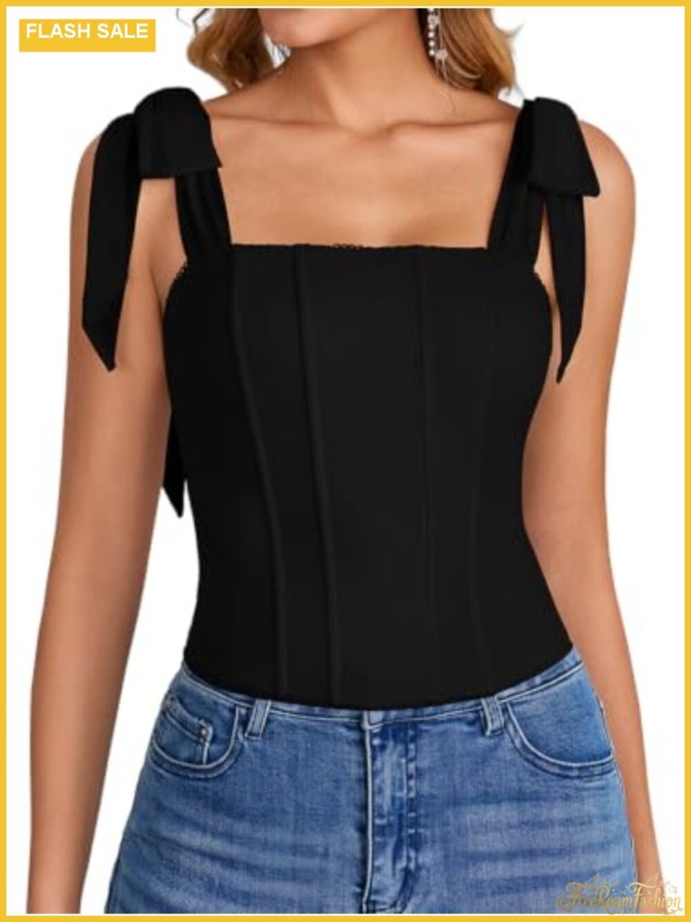 Mesh Corset Top Womens Bustier Crop Tie Strap Square Neck Fish Boned